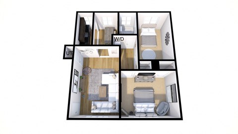 Floor plan for 2 beds, 1 bath, 835 sqft